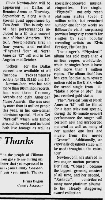 Olivia at the Reunion Arena, Dallas Sept 2 1982 - Daily Leader